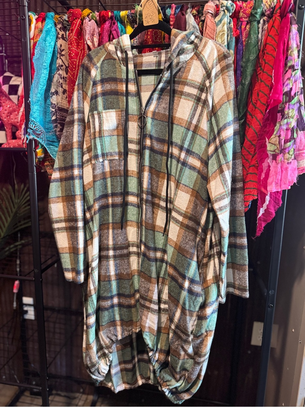 Plaid Flannel Hooded Zip-Up Jacket in Green, Brown, Cream & Navy. Large